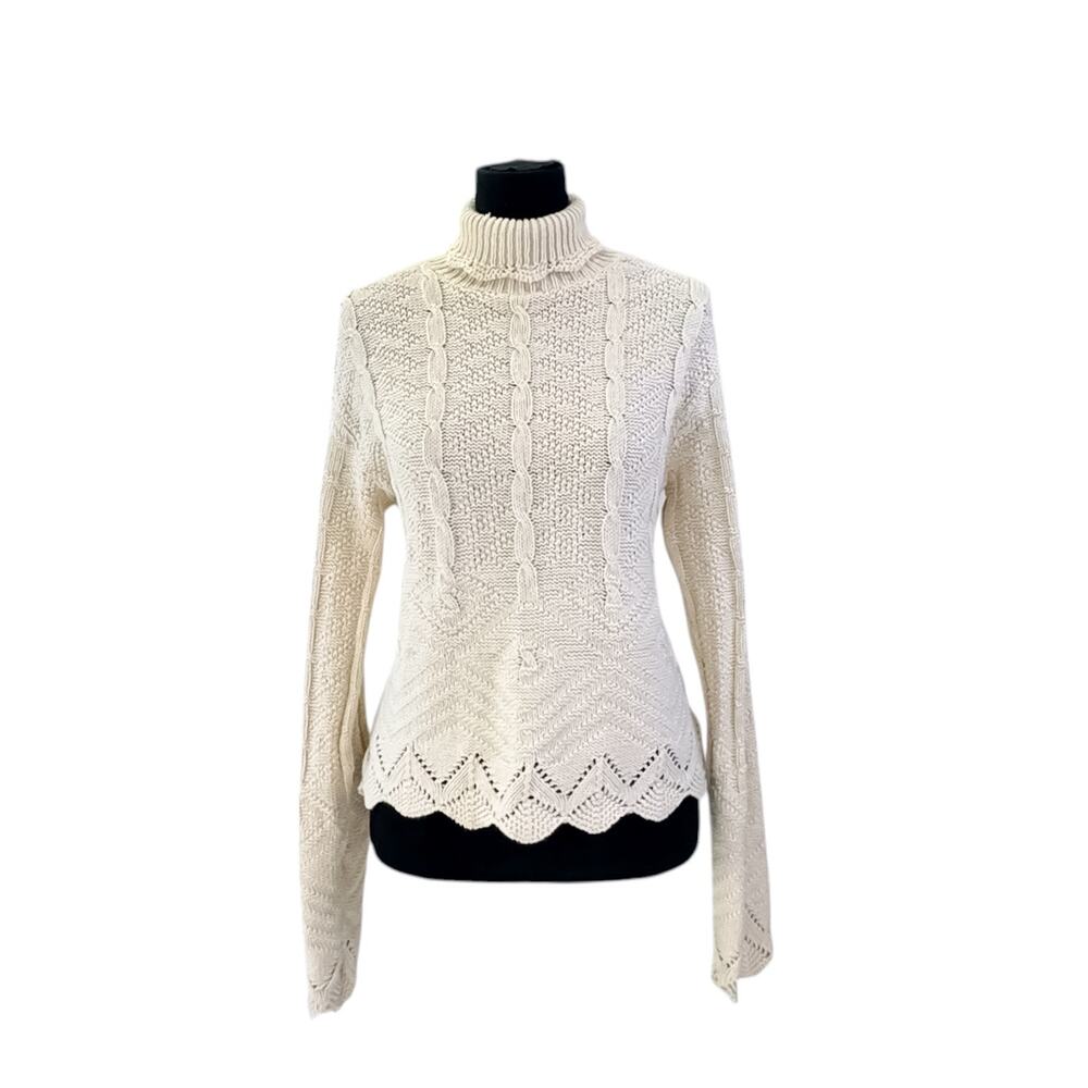High Sierra Scalloped Cream Cable Knit Turtleneck Sweater Women's Large